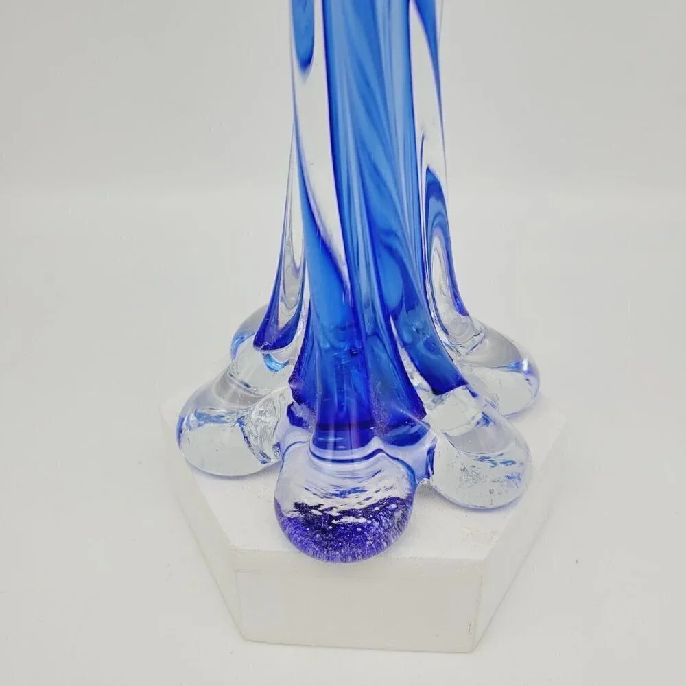 Vintage Cobalt Blue Encased Twisted Blue Art Glass Vase Elephant Foot Base 11.5